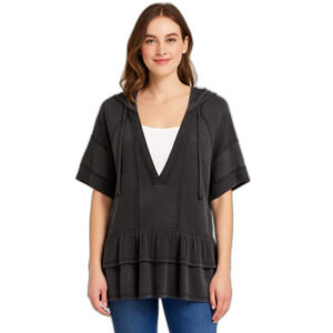 NEW POL Oversized Small Charcoal Gray Hooded Top Raw Seams Short Sleeves Ruffles